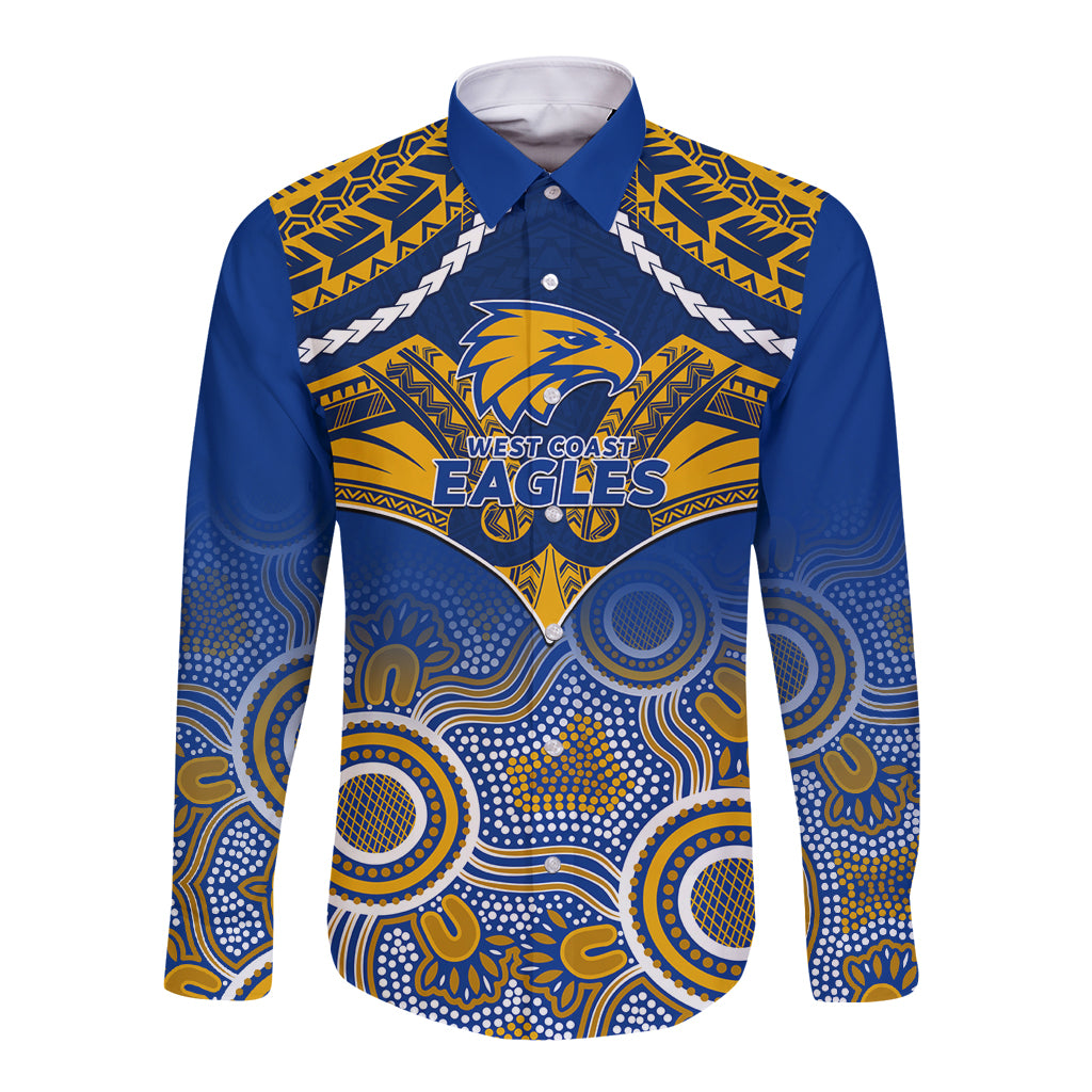 Personalised West Coast Football Long Sleeve Button Shirt Eagles Aboriginal Mix Polynesian Pattern LT14