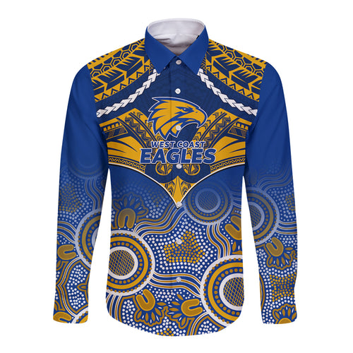Personalised West Coast Football Long Sleeve Button Shirt Eagles Aboriginal Mix Polynesian Pattern LT14