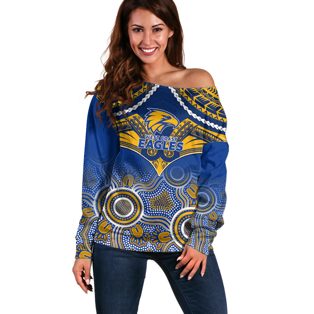 Personalised West Coast Football Off Shoulder Sweater Eagles Aboriginal Mix Polynesian Pattern LT14