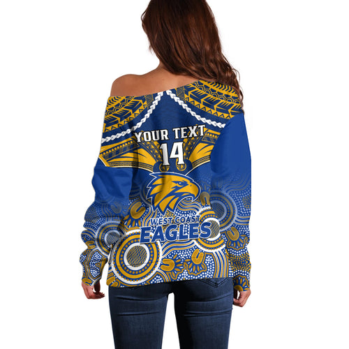 Personalised West Coast Football Off Shoulder Sweater Eagles Aboriginal Mix Polynesian Pattern LT14