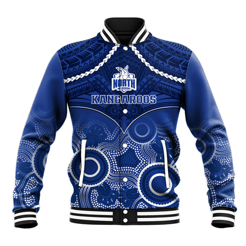 North Melbourne Football Baseball Jacket Kangaroos Aboriginal Mix Polynesian Pattern LT14