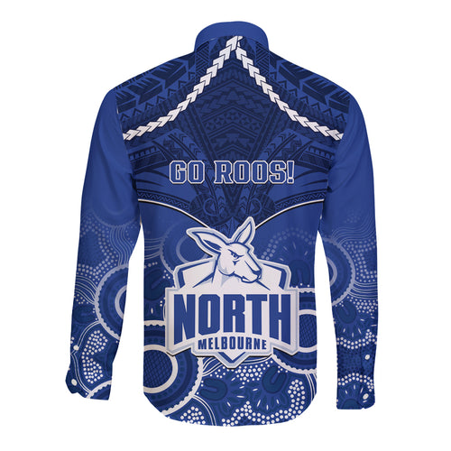 North Melbourne Football Long Sleeve Button Shirt Kangaroos Aboriginal Mix Polynesian Pattern LT14
