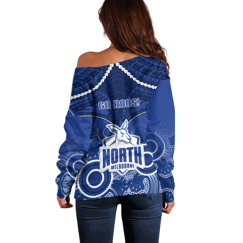 North Melbourne Football Off Shoulder Sweater Kangaroos Aboriginal Mix Polynesian Pattern LT14