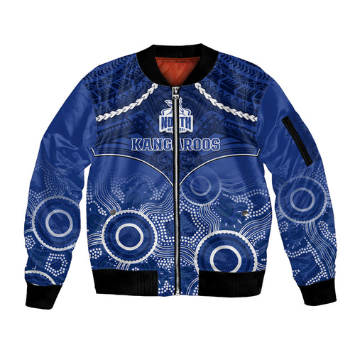North Melbourne Football Sleeve Zip Bomber Jacket Kangaroos Aboriginal Mix Polynesian Pattern LT14