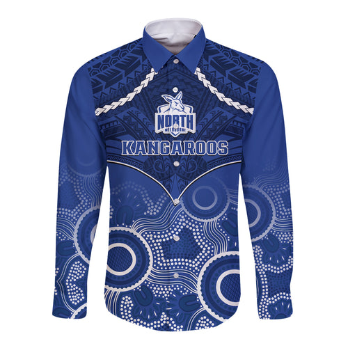 Personalised North Melbourne Football Long Sleeve Button Shirt Kangaroos Aboriginal Mix Polynesian Pattern LT14