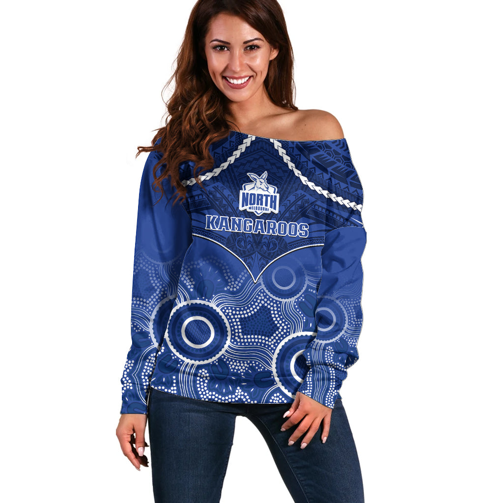 Personalised North Melbourne Football Off Shoulder Sweater Kangaroos Aboriginal Mix Polynesian Pattern LT14
