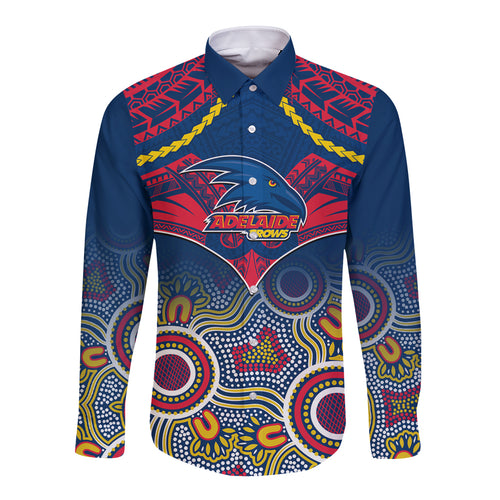 Personalised Adelaide Crows Football Long Sleeve Button Shirt Aboriginal Mix Polynesian Pattern LT14