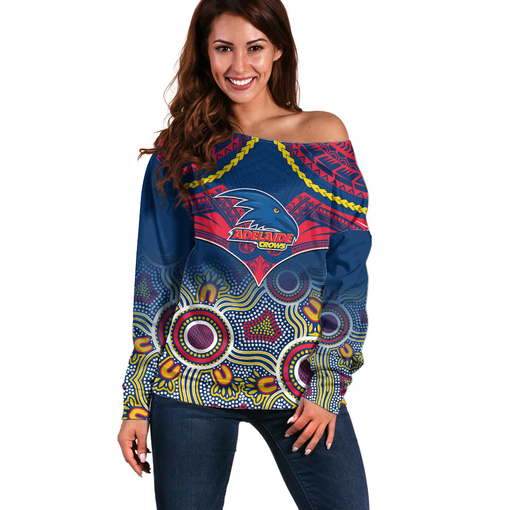 Personalised Adelaide Crows Football Off Shoulder Sweater Aboriginal Mix Polynesian Pattern LT14