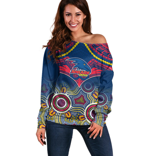 Personalised Adelaide Crows Football Off Shoulder Sweater Aboriginal Mix Polynesian Pattern LT14