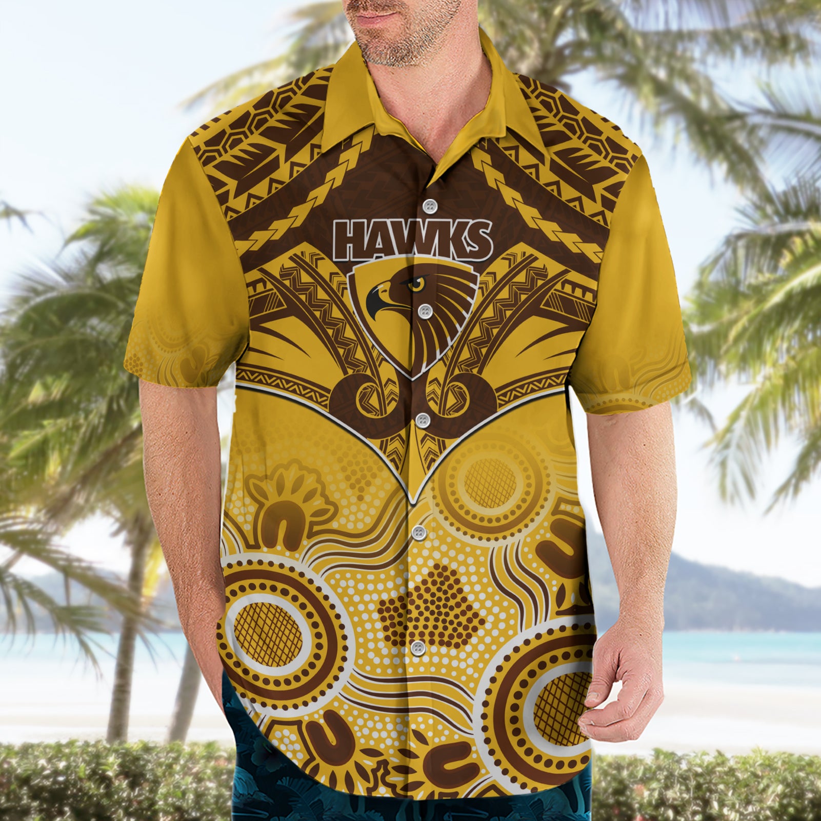 Hawthorn Football Hawaiian Shirt Hawks Aboriginal Mix Polynesian Pattern LT14