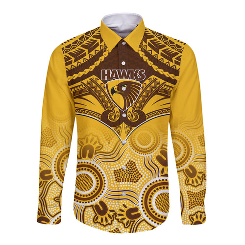 Hawthorn Football Long Sleeve Button Shirt Hawks Aboriginal Mix Polynesian Pattern LT14