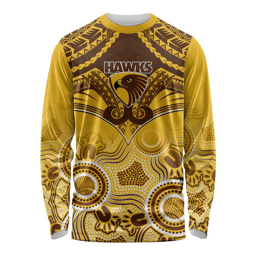 Hawthorn Football Long Sleeve Shirt Hawks Aboriginal Mix Polynesian Pattern LT14