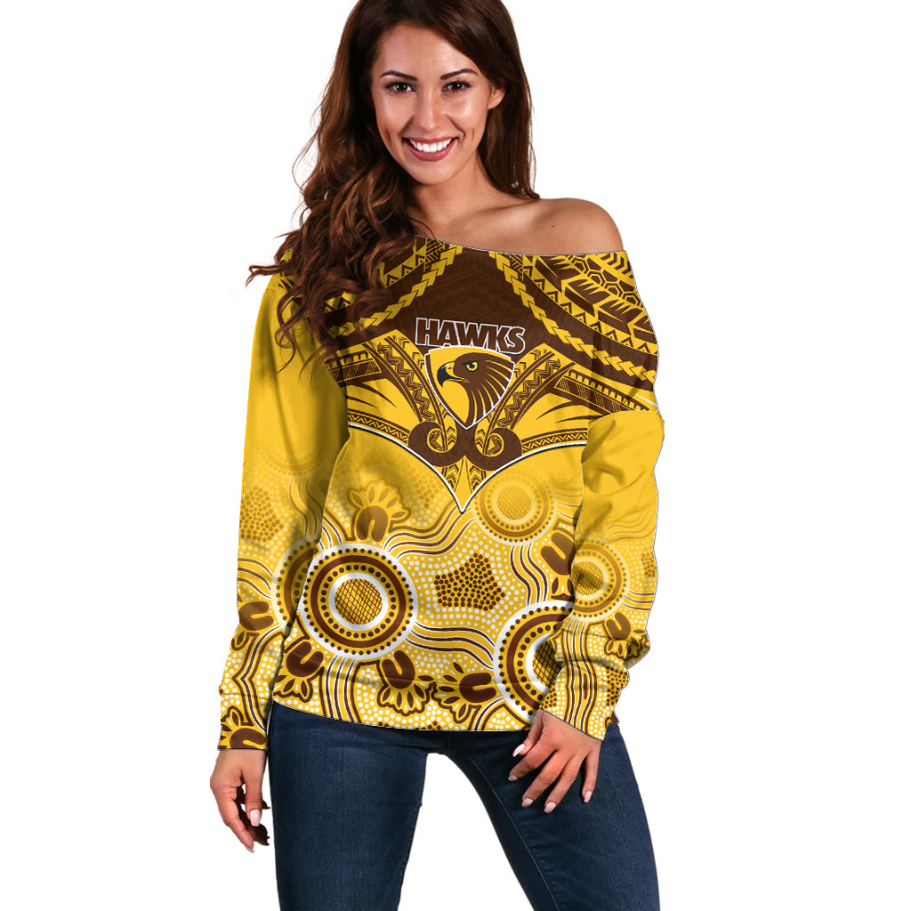 Hawthorn Football Off Shoulder Sweater Hawks Aboriginal Mix Polynesian Pattern LT14