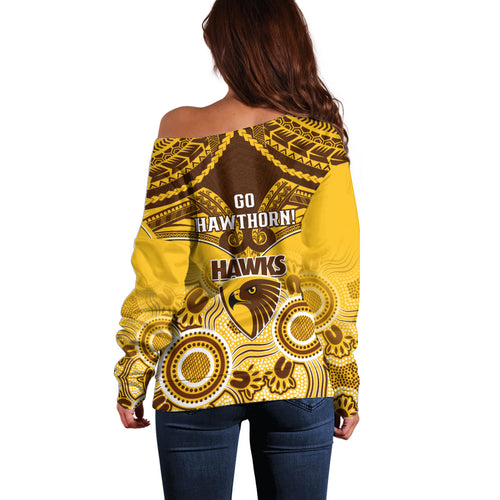Hawthorn Football Off Shoulder Sweater Hawks Aboriginal Mix Polynesian Pattern LT14