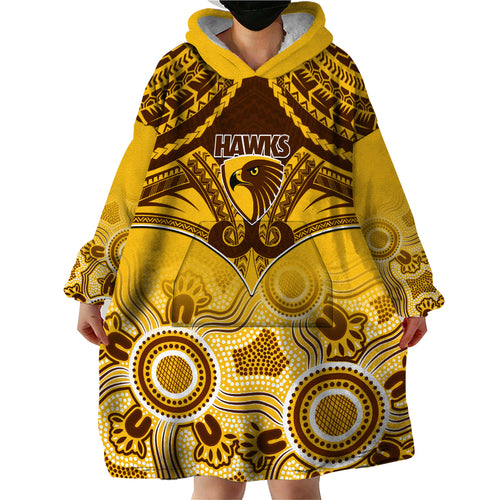 Hawthorn Football Wearable Blanket Hoodie Hawks Aboriginal Mix Polynesian Pattern LT14