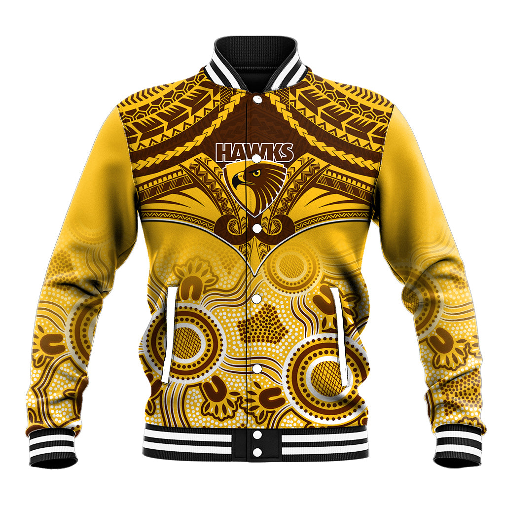 Personalised Hawthorn Football Baseball Jacket Hawks Aboriginal Mix Polynesian Pattern LT14