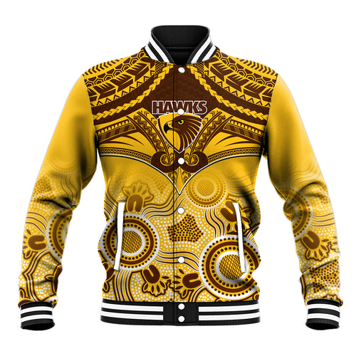 Personalised Hawthorn Football Baseball Jacket Hawks Aboriginal Mix Polynesian Pattern LT14