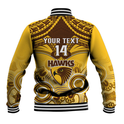 Personalised Hawthorn Football Baseball Jacket Hawks Aboriginal Mix Polynesian Pattern LT14