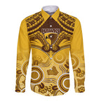 Personalised Hawthorn Football Long Sleeve Button Shirt Hawks Aboriginal Mix Polynesian Pattern LT14