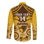 Personalised Hawthorn Football Long Sleeve Button Shirt Hawks Aboriginal Mix Polynesian Pattern LT14