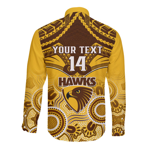 Personalised Hawthorn Football Long Sleeve Button Shirt Hawks Aboriginal Mix Polynesian Pattern LT14