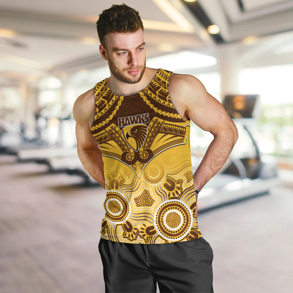 Personalised Hawthorn Football Men Tank Top Hawks Aboriginal Mix Polynesian Pattern LT14