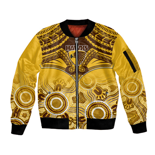 Personalised Hawthorn Football Sleeve Zip Bomber Jacket Hawks Aboriginal Mix Polynesian Pattern LT14
