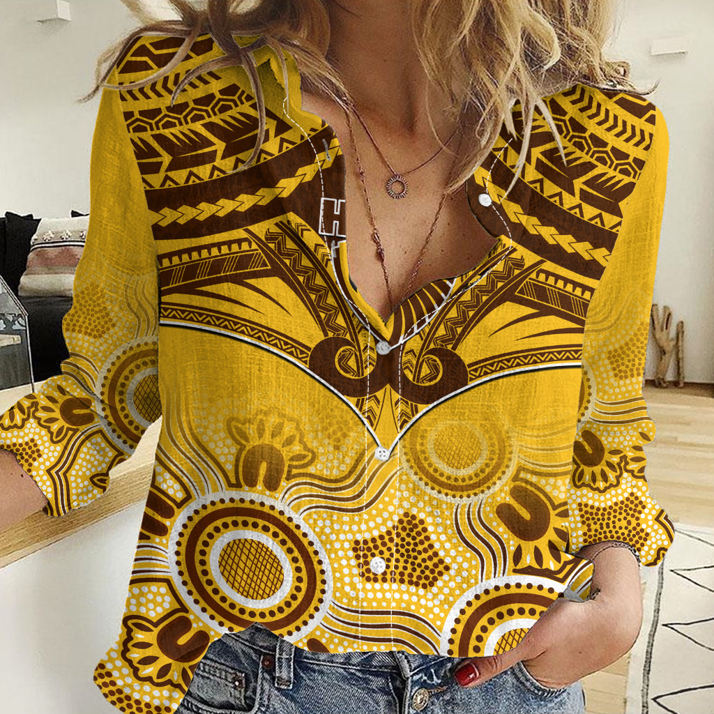 Personalised Hawthorn Football Women Casual Shirt Hawks Aboriginal Mix Polynesian Pattern LT14