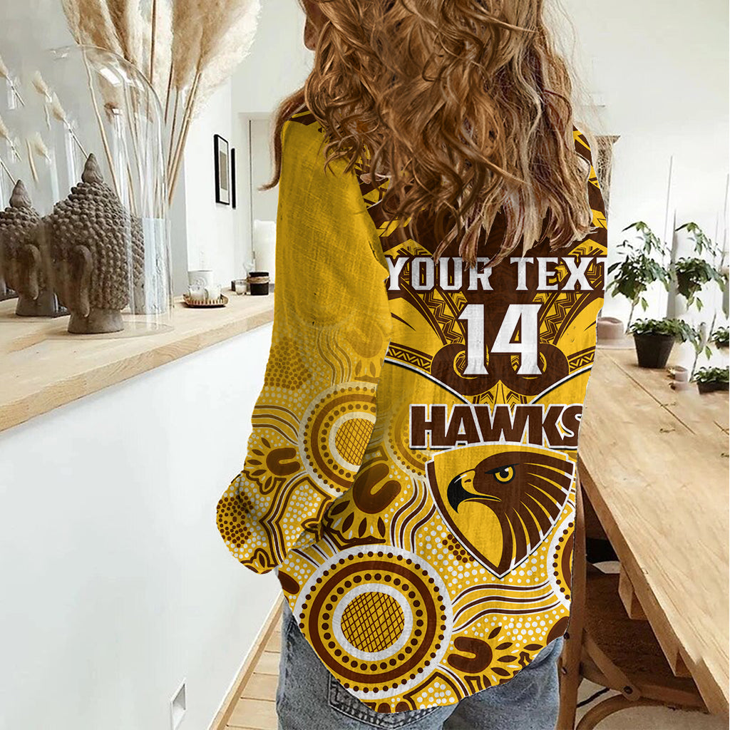 Personalised Hawthorn Football Women Casual Shirt Hawks Aboriginal Mix Polynesian Pattern LT14