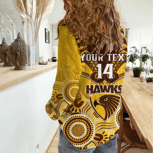 Personalised Hawthorn Football Women Casual Shirt Hawks Aboriginal Mix Polynesian Pattern LT14