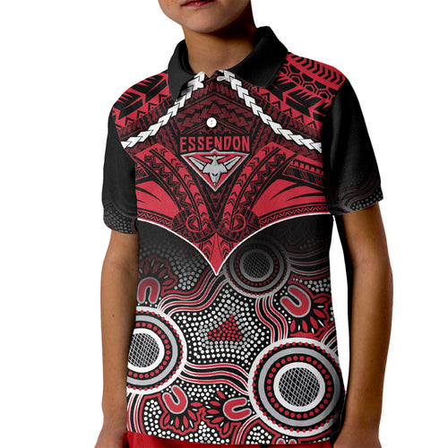 Essendon Football Kid Polo Shirt Bombers Aboriginal Mix Polynesian Pattern LT14
