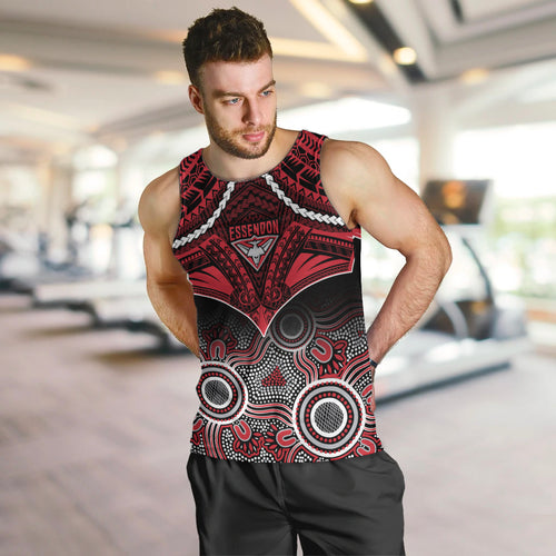 Essendon Football Men Tank Top Bombers Aboriginal Mix Polynesian Pattern LT14
