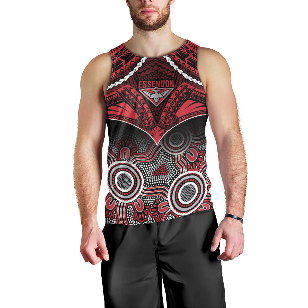 Essendon Football Men Tank Top Bombers Aboriginal Mix Polynesian Pattern LT14