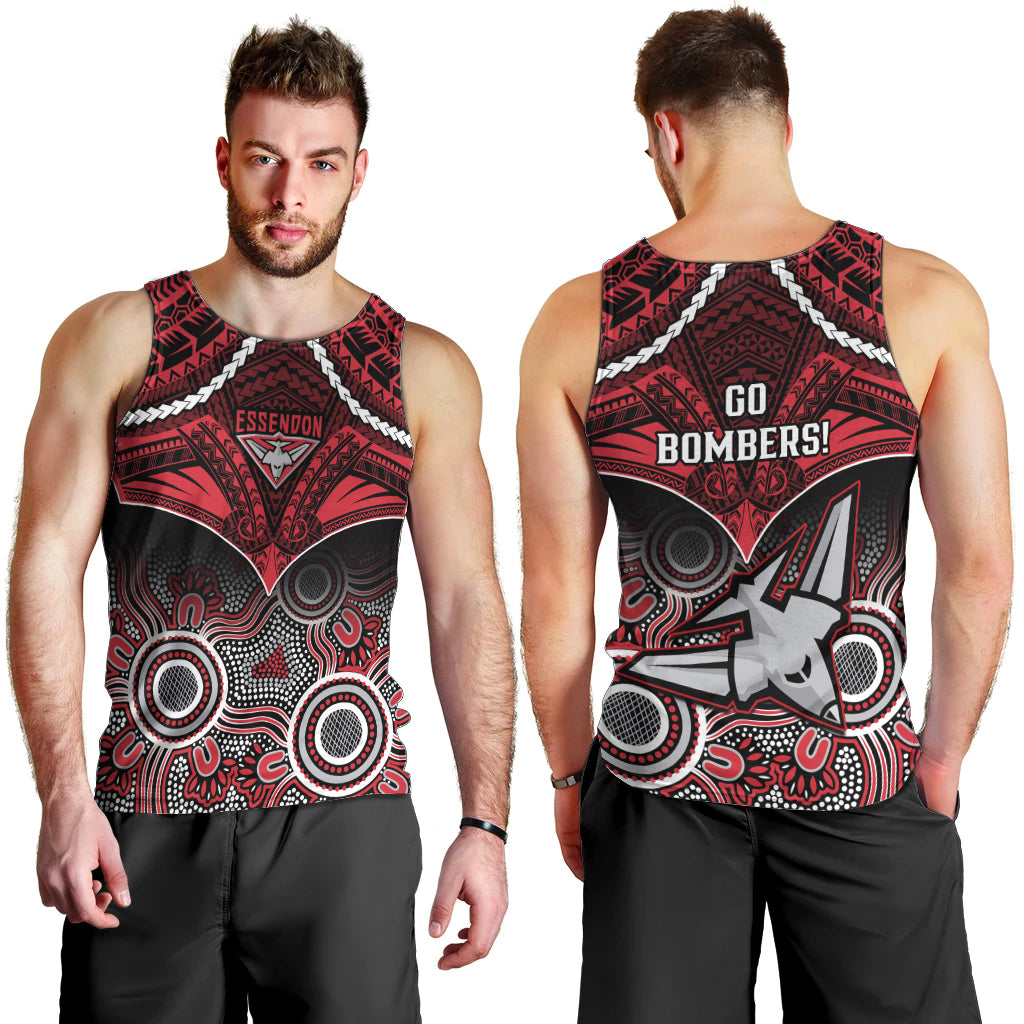 Essendon Football Men Tank Top Bombers Aboriginal Mix Polynesian Pattern LT14