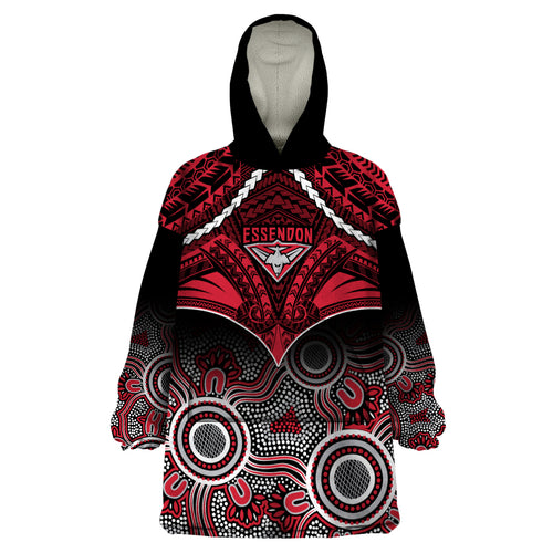 Essendon Football Wearable Blanket Hoodie Bombers Aboriginal Mix Polynesian Pattern LT14