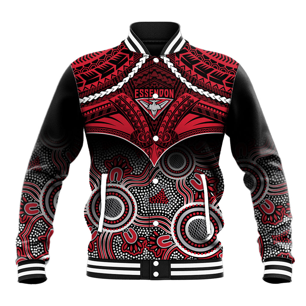 Personalised Essendon Football Baseball Jacket Bombers Aboriginal Mix Polynesian Pattern LT14