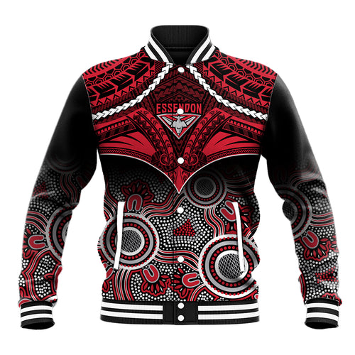 Personalised Essendon Football Baseball Jacket Bombers Aboriginal Mix Polynesian Pattern LT14