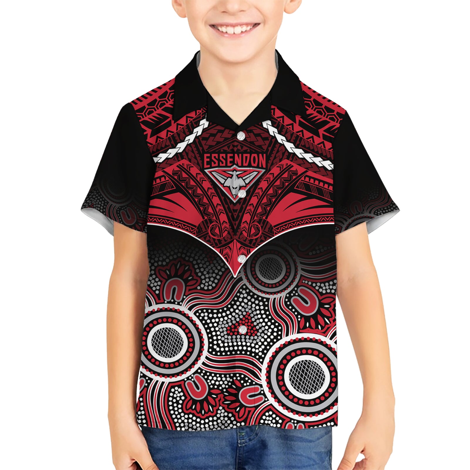 Personalised Essendon Football Hawaiian Shirt Bombers Aboriginal Mix Polynesian Pattern LT14