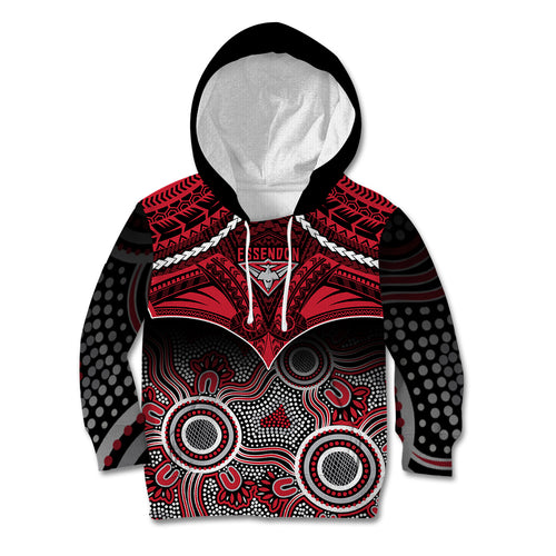 Personalised Essendon Football Kid Hoodie Bombers Aboriginal Mix Polynesian Pattern LT14