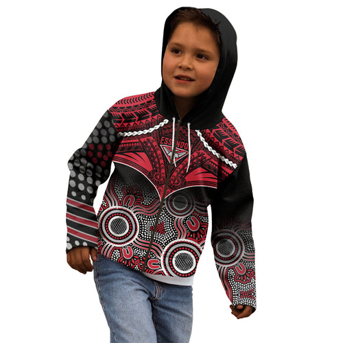 Personalised Essendon Football Kid Hoodie Bombers Aboriginal Mix Polynesian Pattern LT14