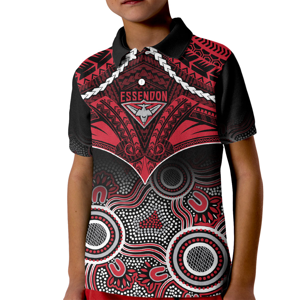 Personalised Essendon Football Kid Polo Shirt Bombers Aboriginal Mix Polynesian Pattern LT14