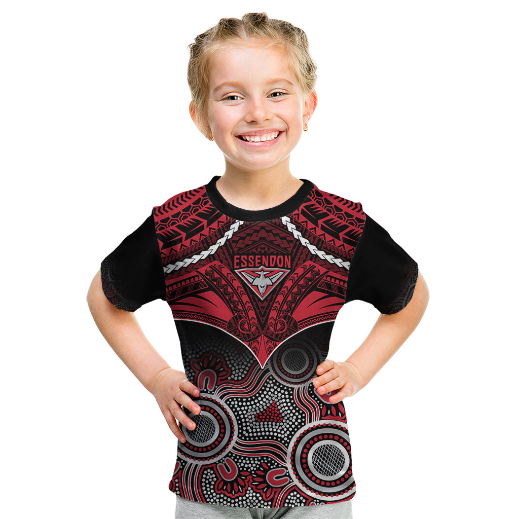 Personalised Essendon Football Kid T Shirt Bombers Aboriginal Mix Polynesian Pattern LT14