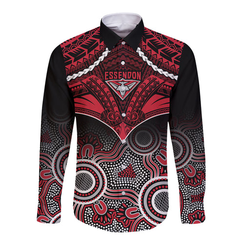 Personalised Essendon Football Long Sleeve Button Shirt Bombers Aboriginal Mix Polynesian Pattern LT14