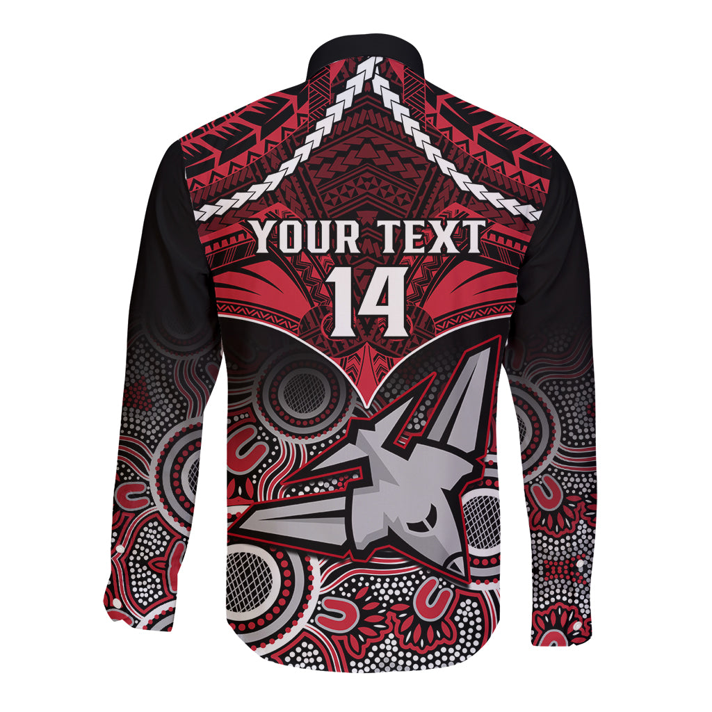 Personalised Essendon Football Long Sleeve Button Shirt Bombers Aboriginal Mix Polynesian Pattern LT14