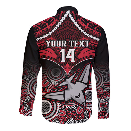 Personalised Essendon Football Long Sleeve Button Shirt Bombers Aboriginal Mix Polynesian Pattern LT14