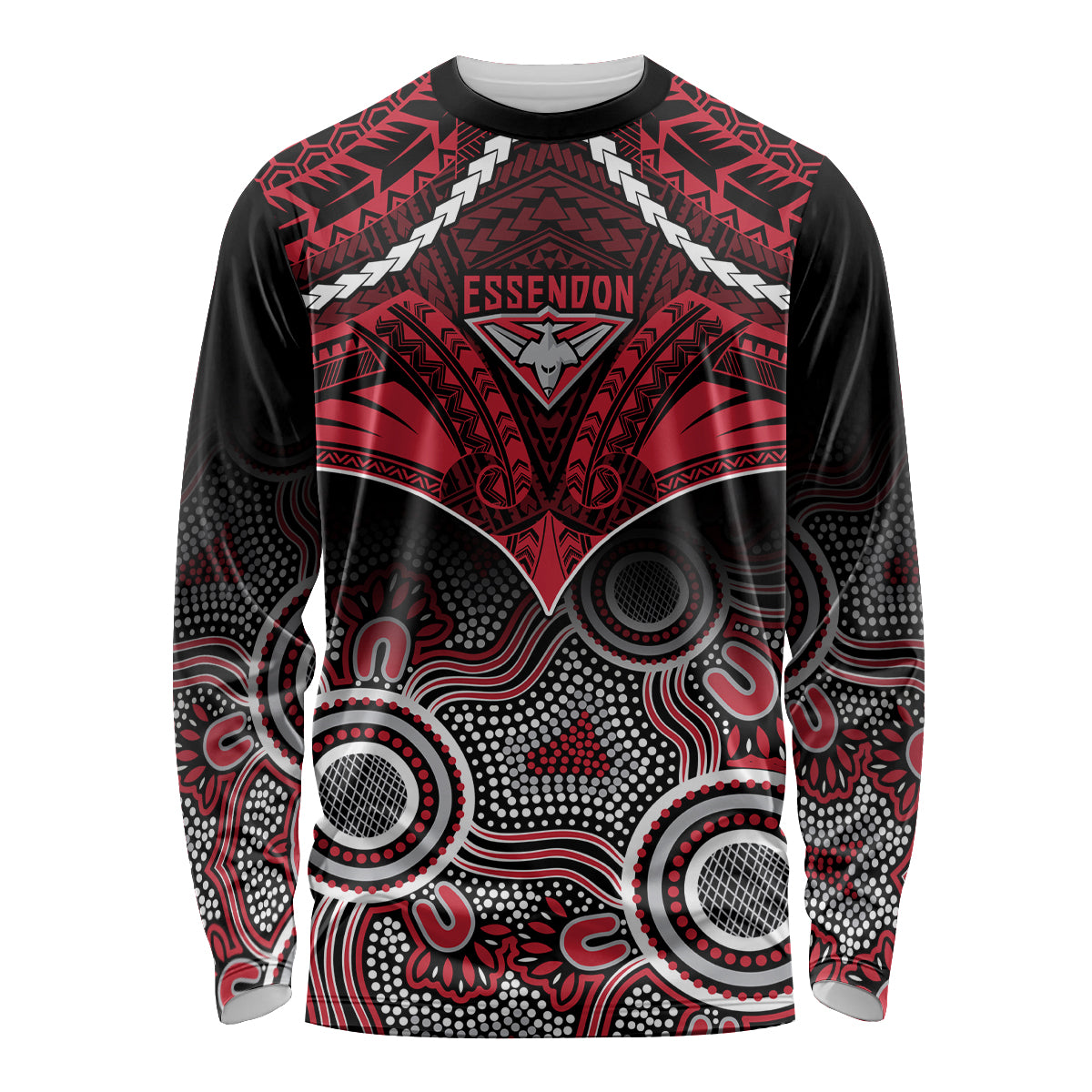Personalised Essendon Football Long Sleeve Shirt Bombers Aboriginal Mix Polynesian Pattern LT14