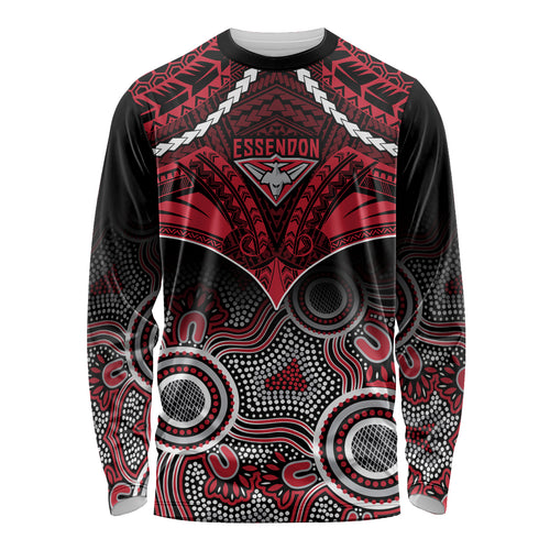 Personalised Essendon Football Long Sleeve Shirt Bombers Aboriginal Mix Polynesian Pattern LT14