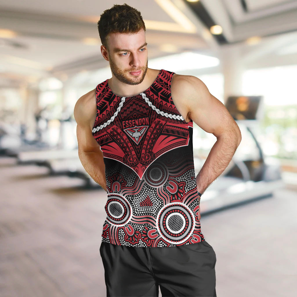 Personalised Essendon Football Men Tank Top Bombers Aboriginal Mix Polynesian Pattern LT14
