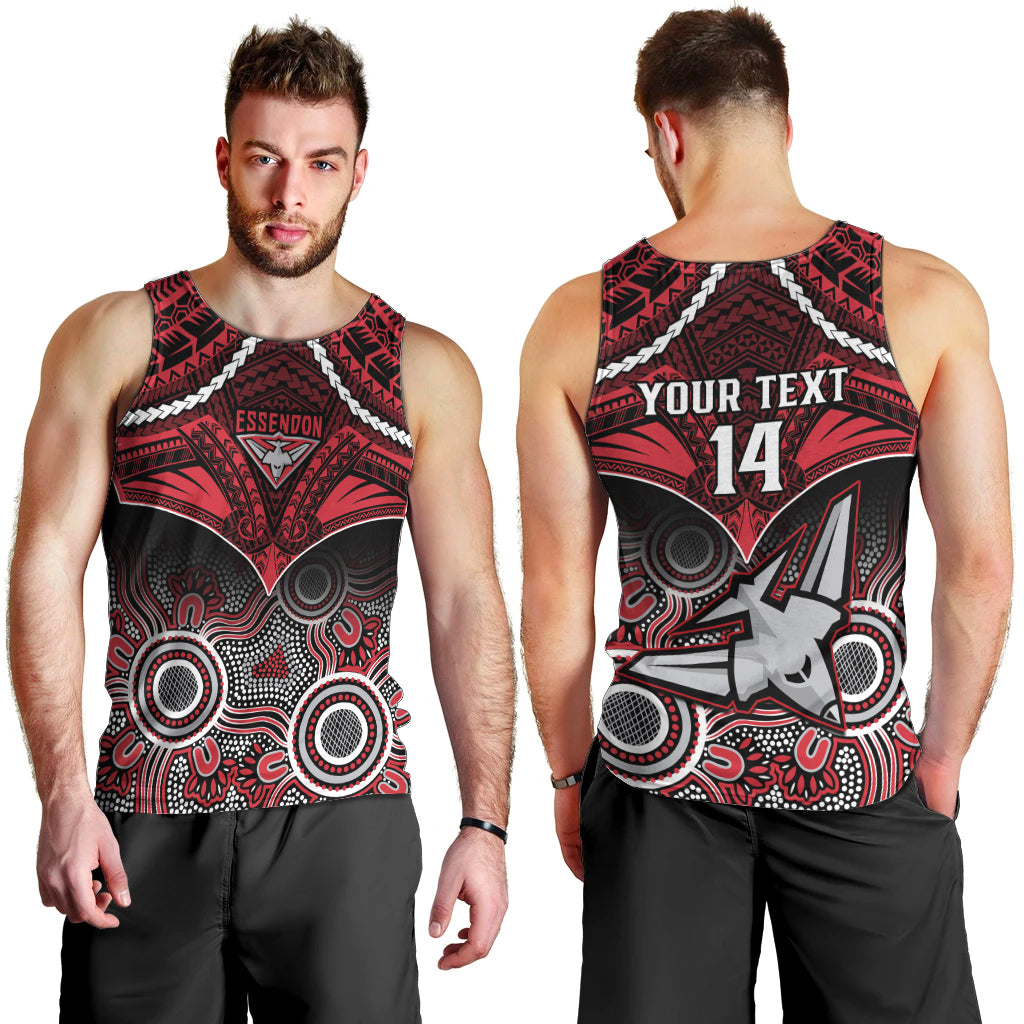 Personalised Essendon Football Men Tank Top Bombers Aboriginal Mix Polynesian Pattern LT14