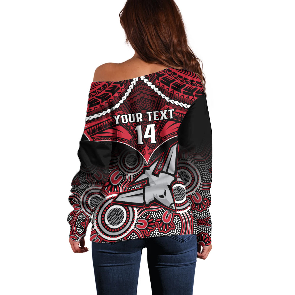 Personalised Essendon Football Off Shoulder Sweater Bombers Aboriginal Mix Polynesian Pattern LT14
